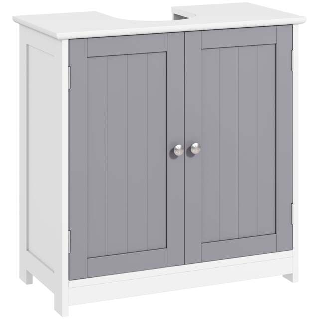 kleankin 60x60cm Under-Sink Storage Cabinet w/ Adjustable Shelf Grey White White White, Grey