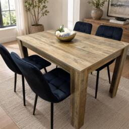 Dining Table and 4 Chairs Rustic Effect Wood Table with 4 Black Velvet Dining Chairs