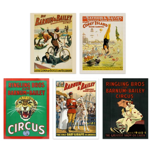 Pack Of 5 Barnum & Bailey Greatest Show On Earth Wall Art Prints Bathroom Bedroom Vintage Circus 12X16 Inch