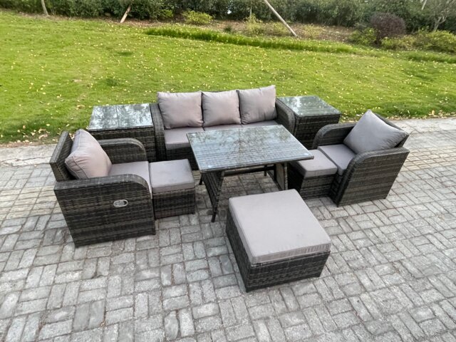 Fimous Rattan Wicker Garden Furniture Patio Conservatory Sofa Set with Rectangular Dining Table Reclining Chair 3 Seater Sofa 3 Footstools 2 Side Tables 8 Seater