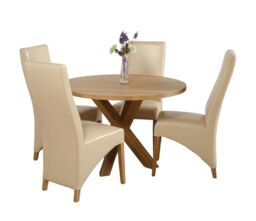 Oregon Round Oak Dining Table and 4 Lola Leather Chairs Cream Cream 1