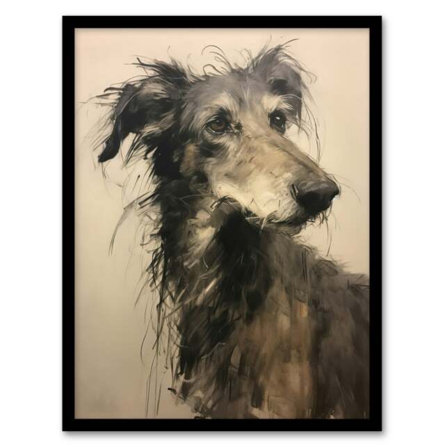 Deerhound Dog White Portrait Serene Elegant Black Framed Wall Art Print A4