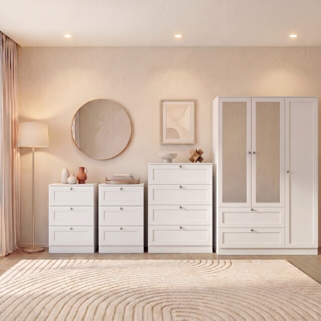 Vida Designs Altino 4 Piece Bedroom Set (2x 3 Drawer Bedside, 4 Drawer Chest, 3 Door 2 Drawer Mirrored Wardrobe), White