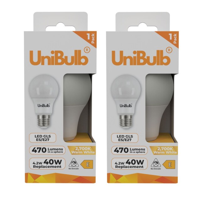 UniBulb LED GLS E27 Edison Screw (ES) 470lm 4.2W (Replaces 40W) 2700K (Warm White) Light Bulb - Pack of 2