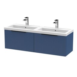 Balterley Fluted Front Wall Hung 2-Drawer Bathroom Vanity Unit with Double Basin, Handles Blue Satin Blue