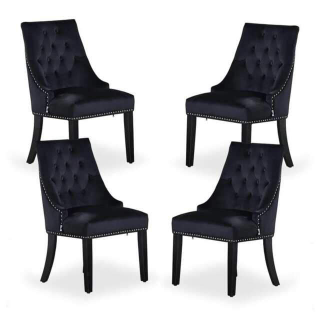 Set of 4 Velvet Dining Chairs Ergonomic Scoop Knockerback & Button Tufted Wood Legs Black