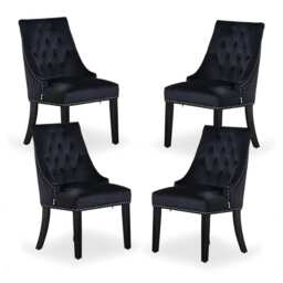 Set of 4 Velvet Dining Chairs Ergonomic Scoop Knockerback & Button Tufted Wood Legs Black