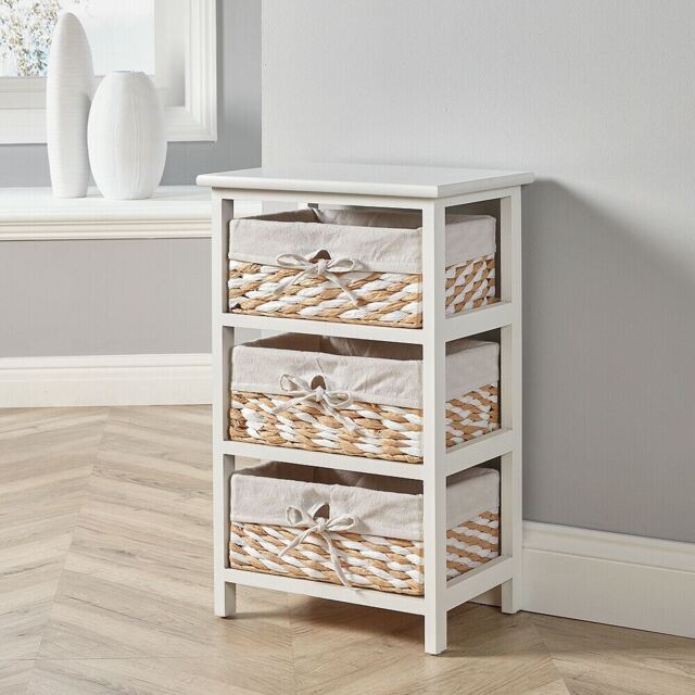 Wooden Storage Unit 3 Drawer Wicker Basket Chest Organiser White Fully Assembled