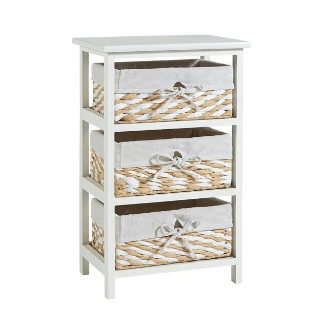 Wooden Storage Unit 3 Drawer Wicker Basket Chest Organiser White Fully Assembled