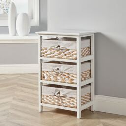 Wooden Storage Unit 3 Drawer Wicker Basket Chest Organiser White Fully Assembled