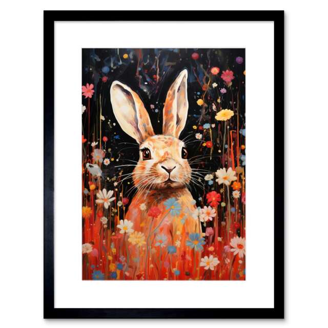 "Spring Bliss Cute Bunny Rabbit a Daisy Meadow 9x7"" Black Framed Wall Art Print"