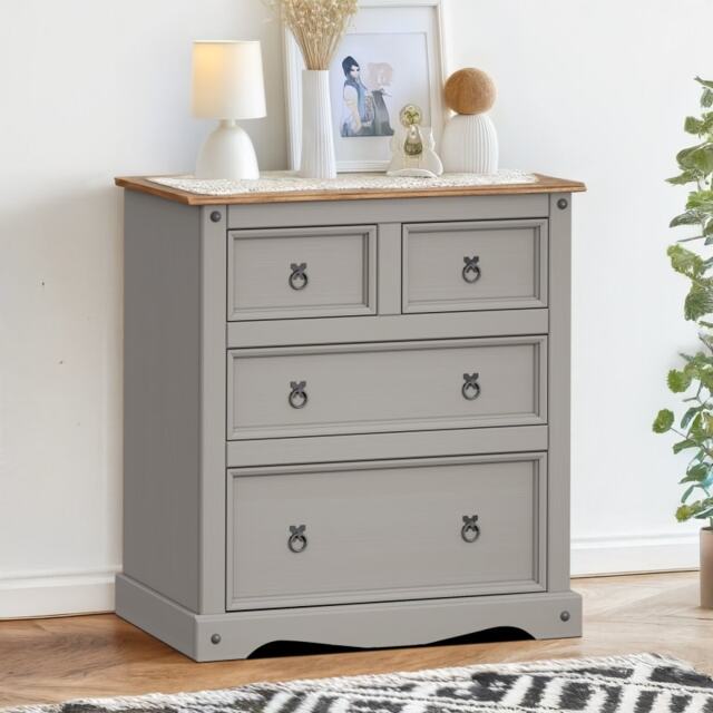 Mercers Furniture Corona Grey Wax Compact 2+2 Chest of 4 Drawers Solid Wood Pine Wooden Bedroom with Mexican Styling