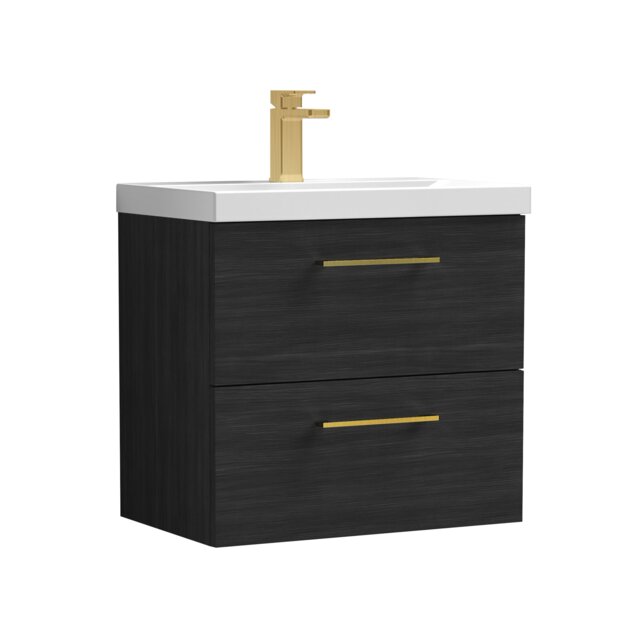 Balterley Wall Hung Bathroom 2 Drawer Vanity Unit and 1 Tap Hole Ceramic Basin, with Handles Black Charcoal Black
