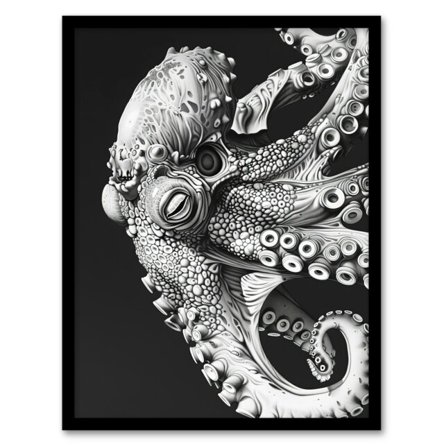 Octopus Drawing Ernst Haeckel Style Living Room Black Framed Wall Art Print A4