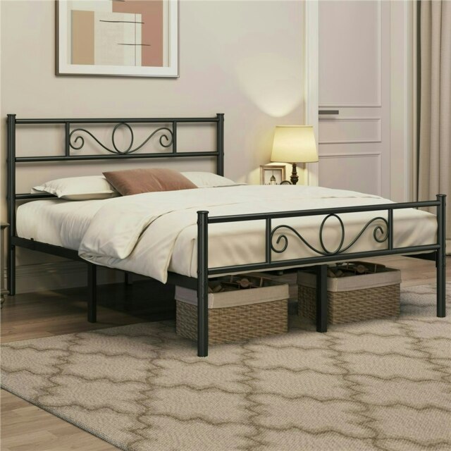Yaheetech 200 cm L × 150 cm W Metal Platform Bed with Scroll Design Headboard Black