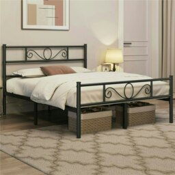 Yaheetech 200 cm L × 150 cm W Metal Platform Bed with Scroll Design Headboard Black