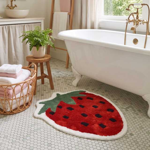 Strawberry Bath Mat Non Slip - Soft, Large Bathroom Rug Red 60 x 80cm
