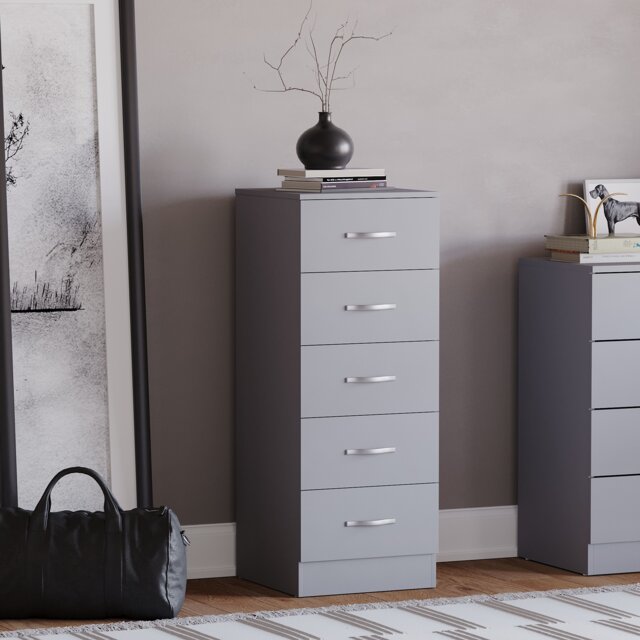 Vida Designs Riano 5 Drawer Narrow Chest of Drawers Bedroom Storage, Grey