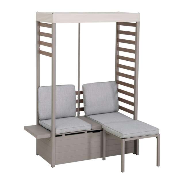 SUNJOY Outdoor 2-Seater Sofa with Footstool Patio Loveseat with Storage and UV Resistant Canopy Patio Garden Furniture Set for Balcony Backyard Grey Beige Two Seater