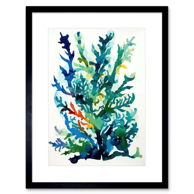 "Seaweed Plant Abstract Watercolour Sea Life Bathroom 9x7"" Black Framed Wall Art Print"