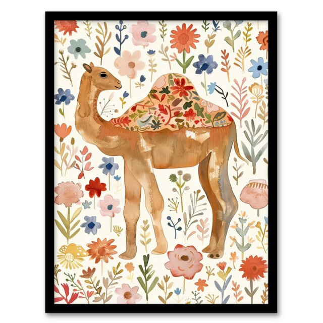 Happy Camel With Floral Pattern Watercolour Black Framed Wall Art Print A4
