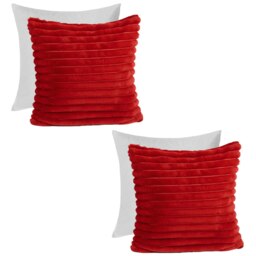 OHS 2 x Faux Fur Matte Velvet Fleece Thick Ribbed Filled Cushions, 45x45cm - Red