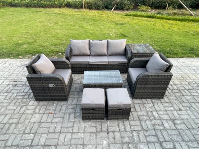 Fimous Outdoor Rattan Garden Furniture Set Patio Lounge Sofa Set with Reclining Chair Rectangular Coffee Table Side Table 2 Small Footstools Dark Grey Mixed