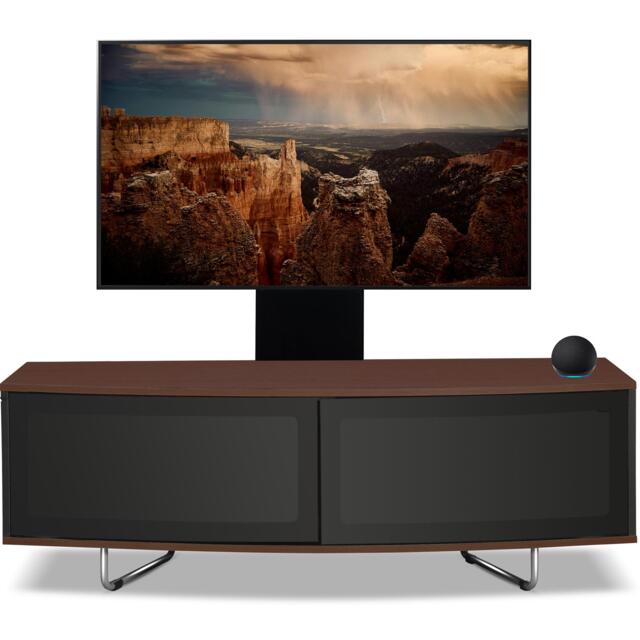 "Homeology Caru Black Walnut Beam-Thru Remote Friendly Super-Contemporary D Shape Design 32""-65"" LED/OLED/LCD TV Cabinet with Mounting Arm"