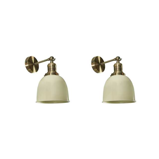 ValueLights Wilhelm Pair Antique Brass Knuckle Joint Wall Lights Gloss Cream Shades Cream