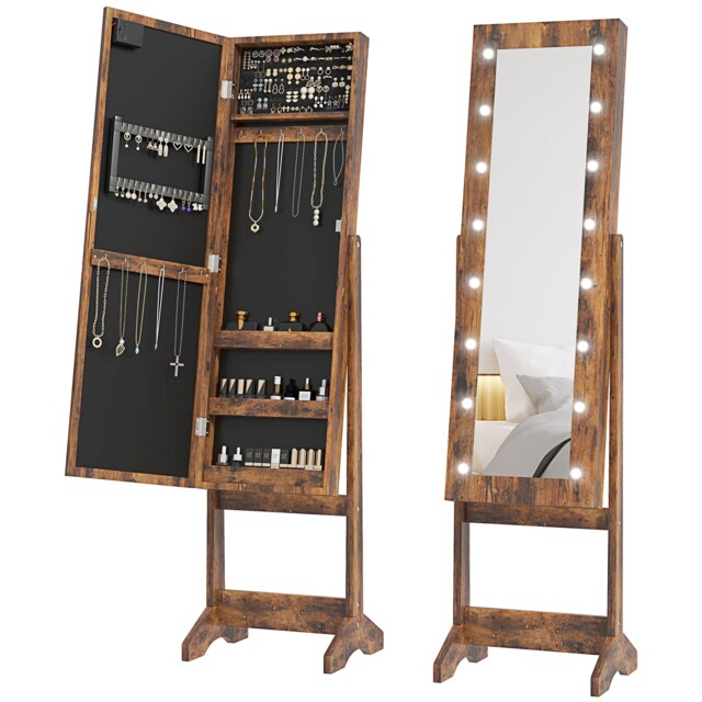 HOMCOM Freestanding LED Mirrored Jewelry Cabinet Rustic Brown Brown Rustic Brown