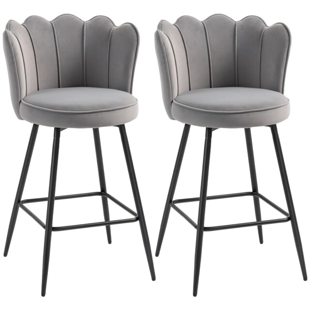 HOMCOM Bar Stools Set of 2, Modern Velvet-Feel Barstools with Petal Backrest and Footrest, Upholstered Breakfast Bar Chairs with Metal Legs for Kitchen Island Counter, Dining Room, Grey Grey Grey 2