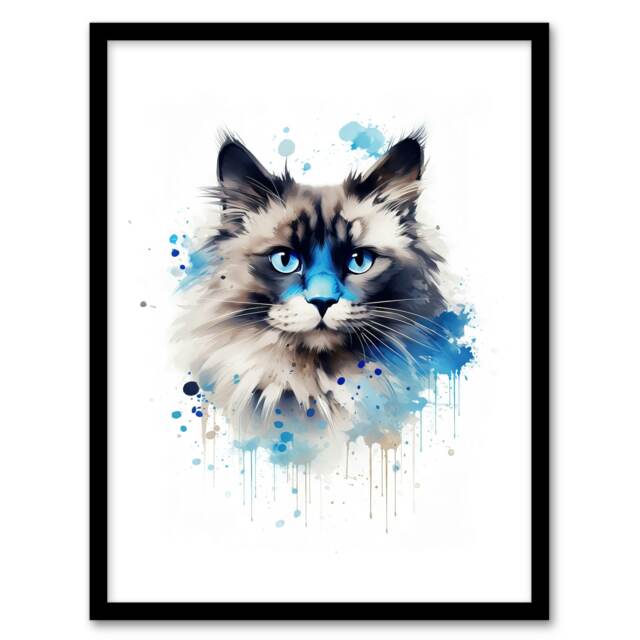 Cat Birman Watercolour Pet Portrait Home Decor Black Framed Wall Art Print A4