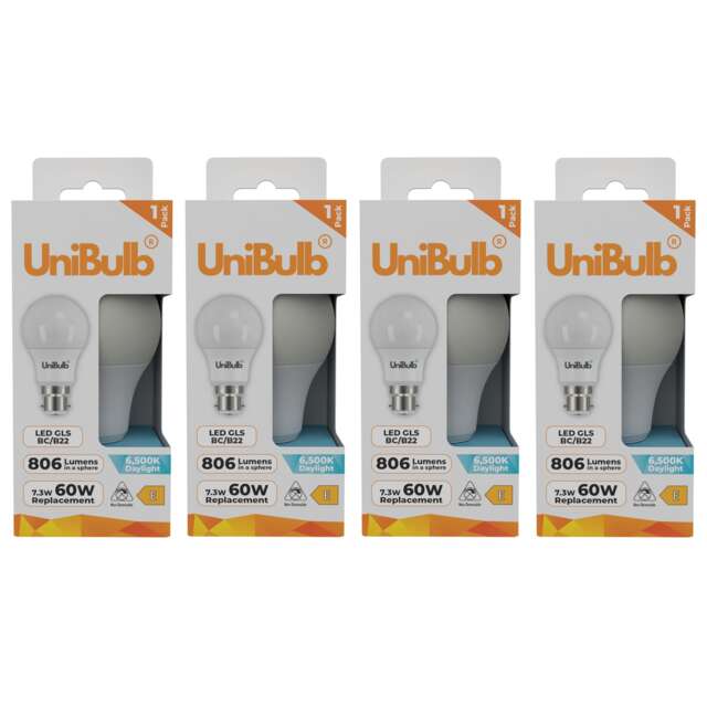 UniBulb LED GLS B22 Bayonet Cap (BC) 806lm 7.3W (Replaces 60W) 6500K (Daylight) Light Bulb - Pack of 4