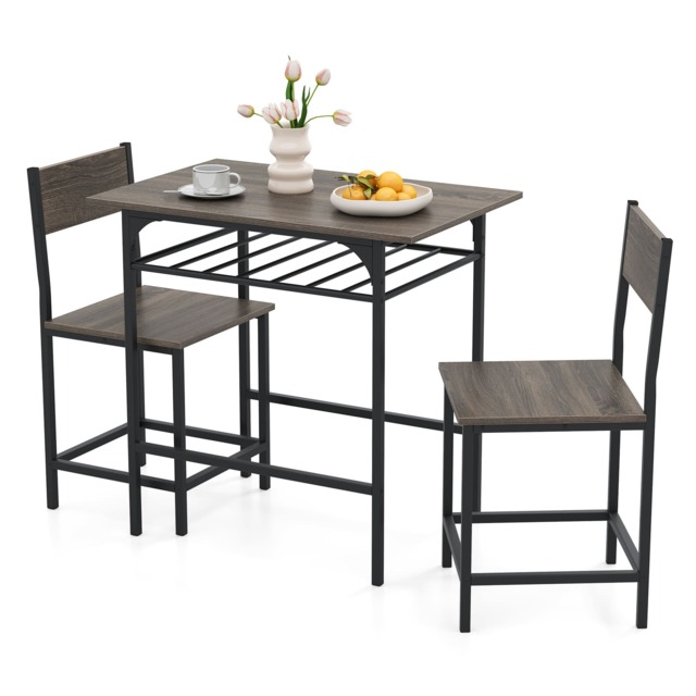 COSTWAY Dining Table Set for 2 3-Piece Wood Rectangular Table & Chair Set w/ Metal Frame Grey