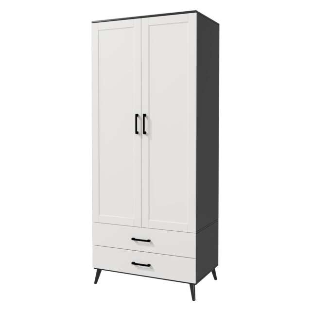 DEVON Wardrobe 2 Door 2 Drawer Modern Bedroom Clothes Storage Hanging Rail 180cm Black Black White 1