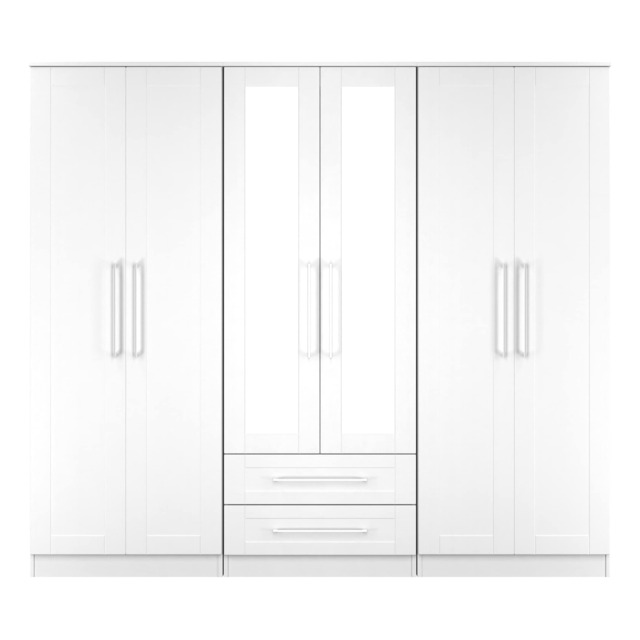 Ripon Tall 6 Door 2 Drawer Twin Mirror Wardrobe in White Ash (Ready Assembled) White White Ash