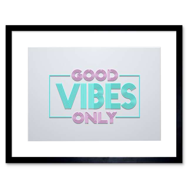 "Good Vibes Only Modern Purple Turquoise Sign Design 9x7"" Black Framed Wall Art Print"
