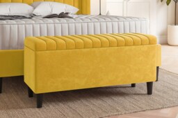 137cm Lined Upholstered Ottoman Storage box - Mustard Gold Plush Velvet Blanket Storage Box with Wooden Legs