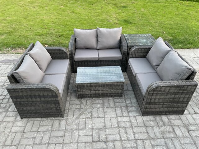 Fimous Outdoor Garden Furniture Sets 6 Seater Wicker Rattan Furniture Sofa Sets with Rectangular Coffee Table Love Sofa Side Table Dark Grey Mixed