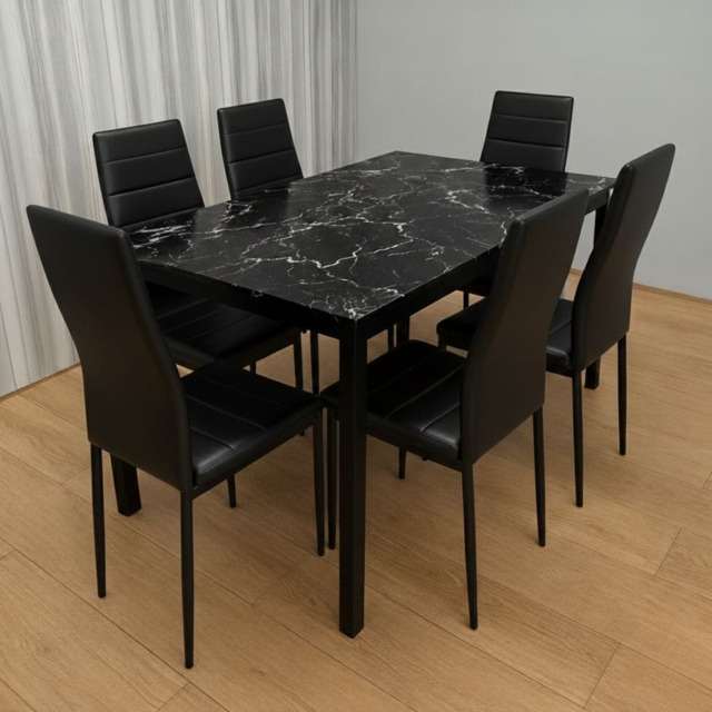 Black Marble Effect Dining Table with 6 Black Faux Leather Chairs Kitchen Furniture