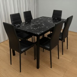Black Marble Effect Dining Table with 6 Black Faux Leather Chairs Kitchen Furniture