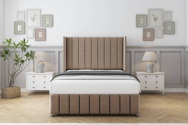 "Sloomy Melbourne Mink Plush Divan Bed With Mattress 2 Drawers Footend With 54"" Wingback Headboard & 12"" Matching Footboard 4'6 Double Brown Mink Double 1"