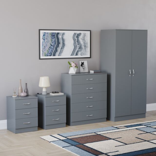 Vida Designs Riano 4 Piece Bedroom Set (2x 3 Drawer Bedside Chest, 5 Drawer Chest, 2 Door Wardrobe) Grey