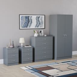 Vida Designs Riano 4 Piece Bedroom Set (2x 3 Drawer Bedside Chest, 5 Drawer Chest, 2 Door Wardrobe) Grey