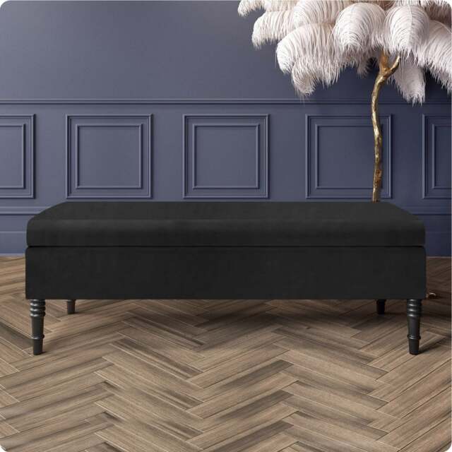 Safar Plain 150cm Ottoman Storage Bench - Plush Velvet Shoe Bench - Black Upholstery Footstool with Storage