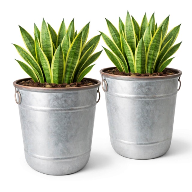 JSH Galvanised Steel with Copper Rim Effect 32L Bucket Planter in Recycled Plastic - Round Garden Flower Pot Strong Lightweight - Silver Silver Large 2