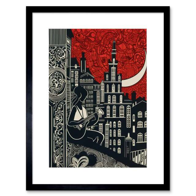 "Street Musician Guitarist Edinburgh Cityscape 9x7"" Black Framed Wall Art Print"