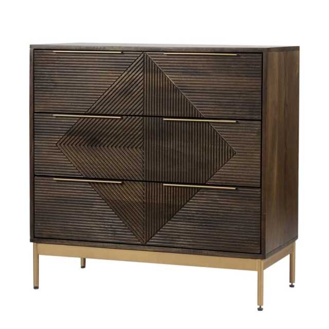Zaine Carving 3 Drawer Chest - Mango Wood - L40 x W81.5 x H80.5 cm - Dark Finish - Assembly Required