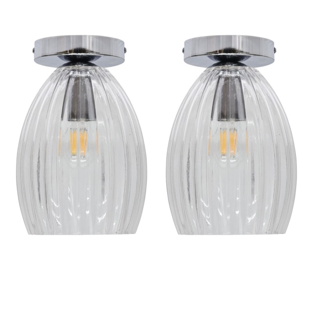 Set of 2 Birch - Clear Fluted Glass Chrome Ceiling Light Fittings