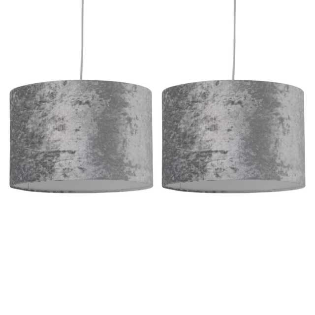 Set of 2 Grey Crushed Velvet 25cm Pendant Lightshades Grey Medium 2